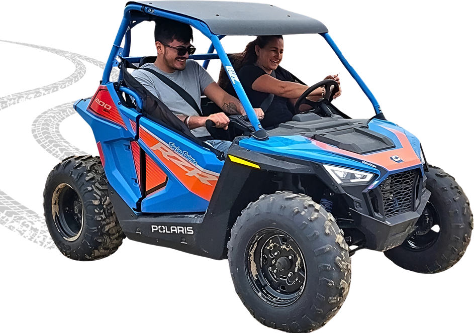 Two people in a blue and orange atv.